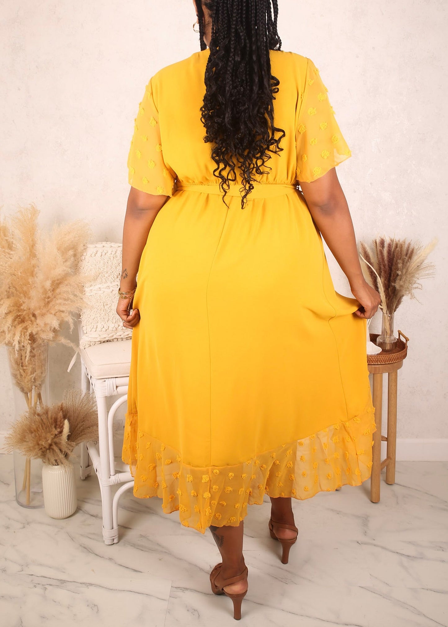 Plus Size Swiss Dot Mesh Detail Dress, Yellow