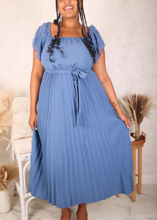 Plus Size Off-Shoulder Pleated Dress, Blue