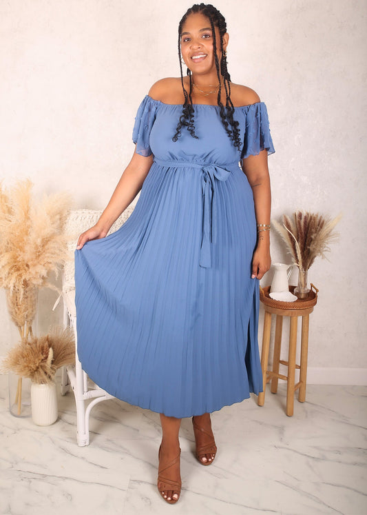 Plus Size Off-Shoulder Pleated Dress, Blue