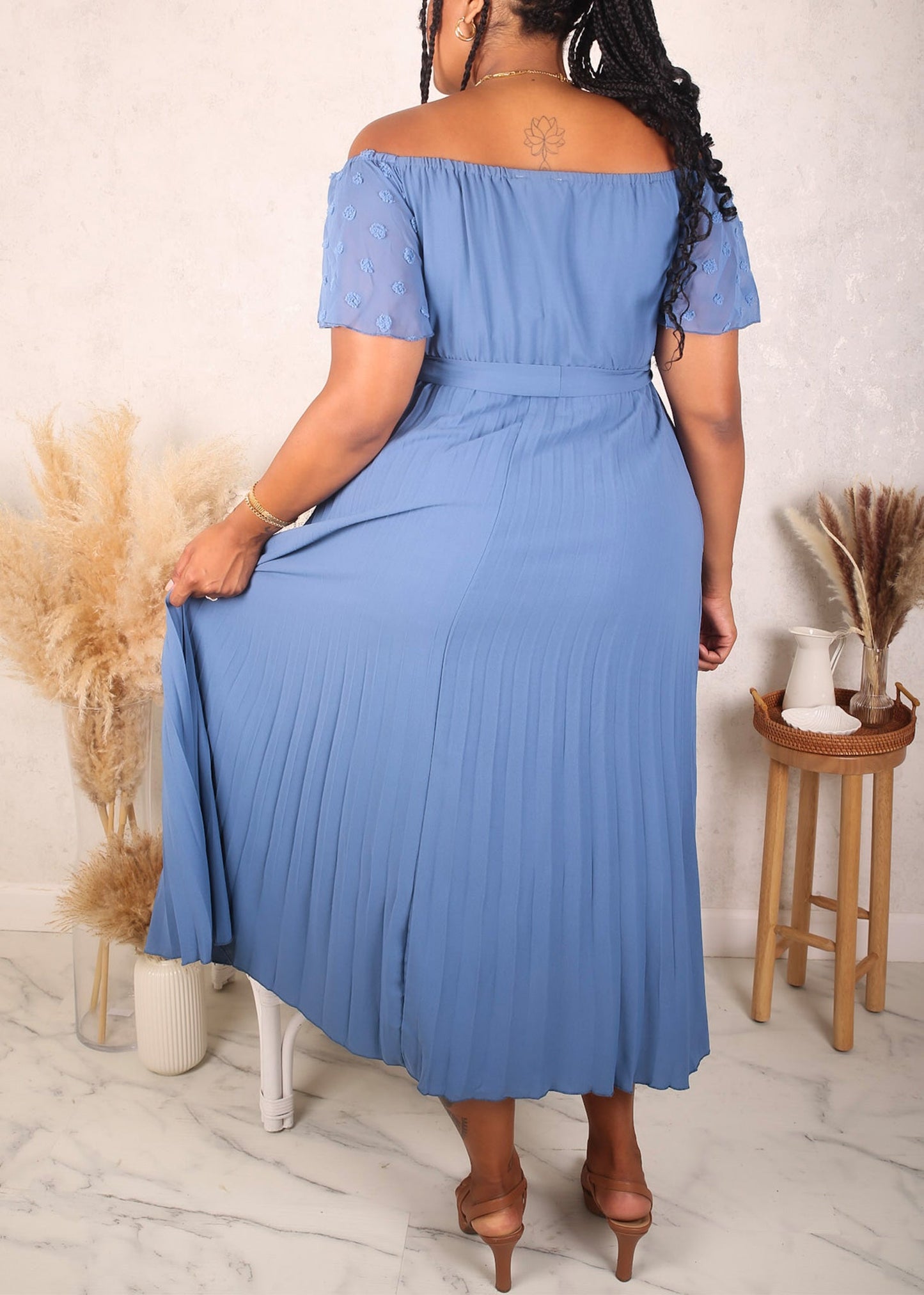 Plus Size Off-Shoulder Pleated Dress, Blue