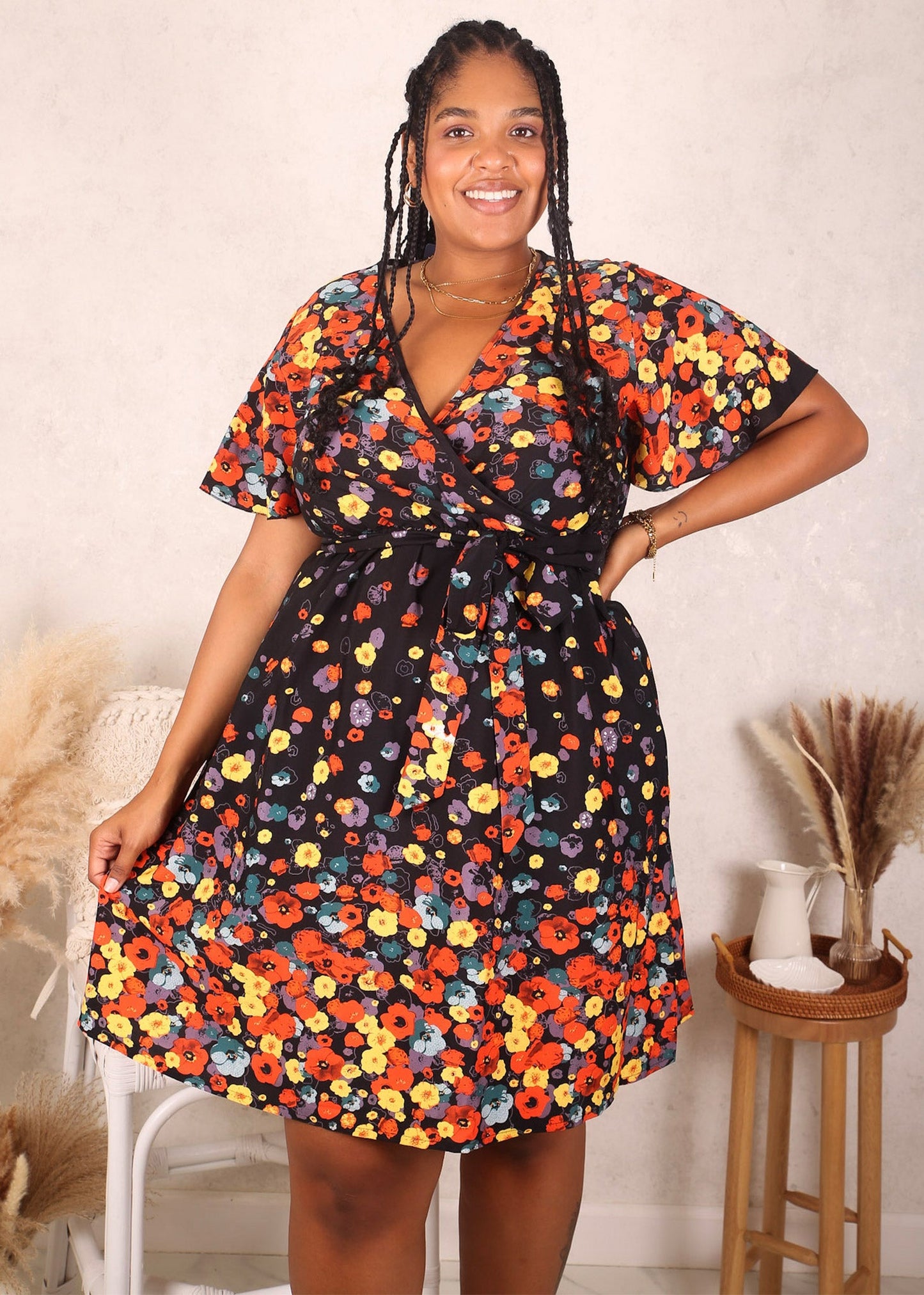 Plus Size Contrast Floral Print Dress, Red