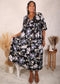 Plus Size Elbow Sleeve Floral Dress, Black