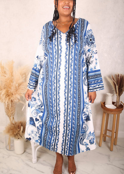 Plus Size Aquamarine Printed Flull Sleeves Dress, Blue