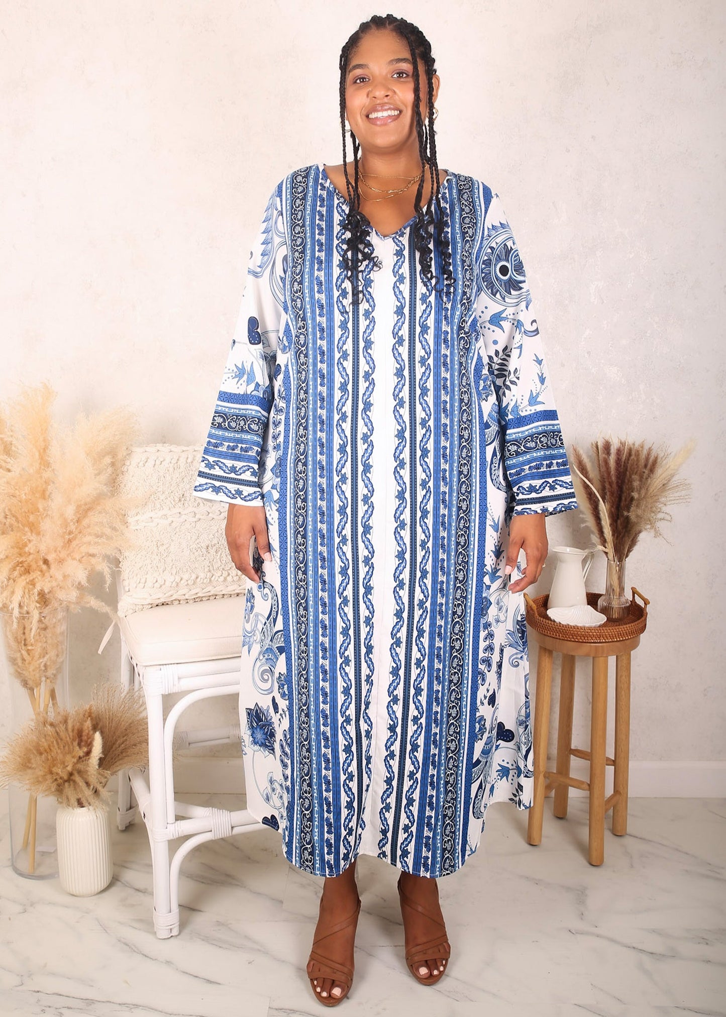 Plus Size Aquamarine Printed Flull Sleeves Dress, Blue