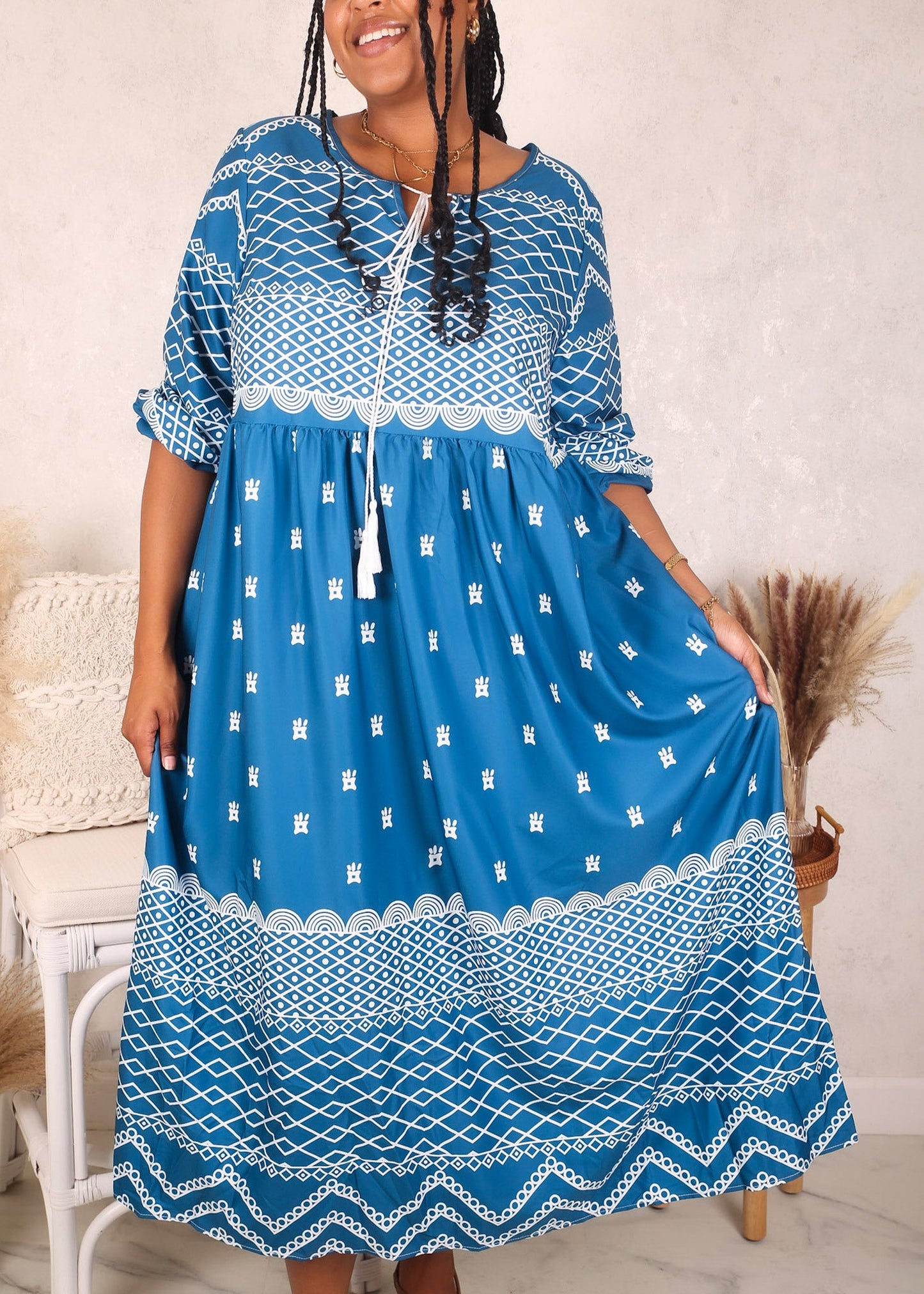 Plus Size Solid Color Printed Drawstring Neck Dress, Blue