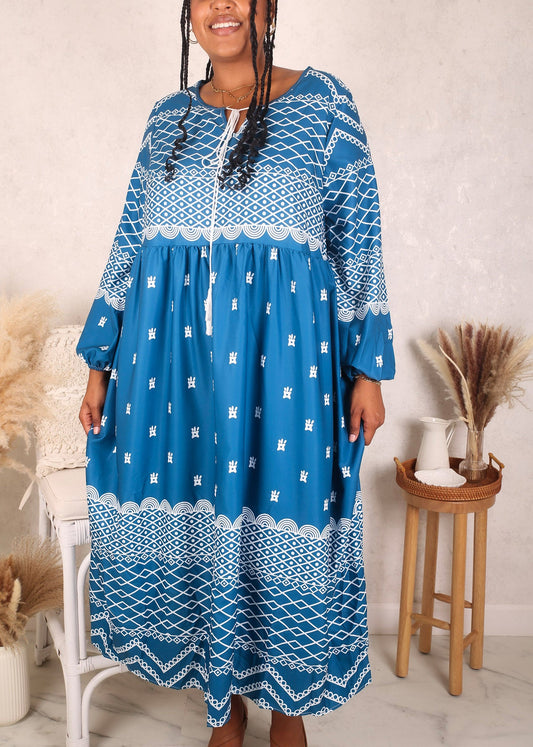 Plus Size Solid Color Printed Drawstring Neck Dress, Blue