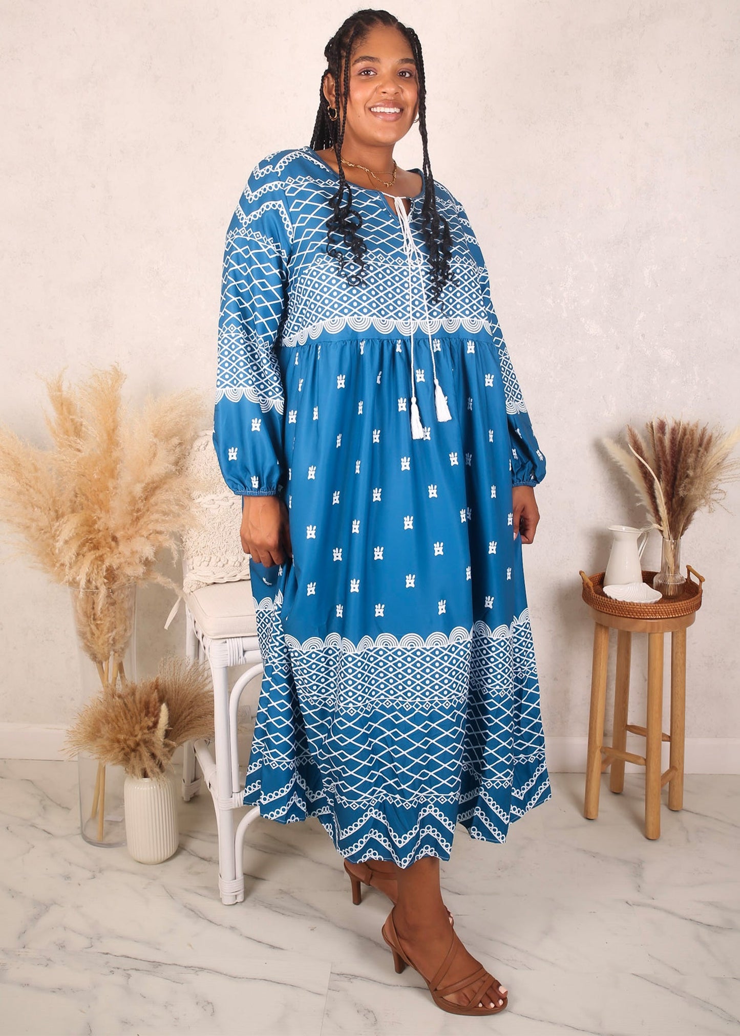 Plus Size Solid Color Printed Drawstring Neck Dress, Blue