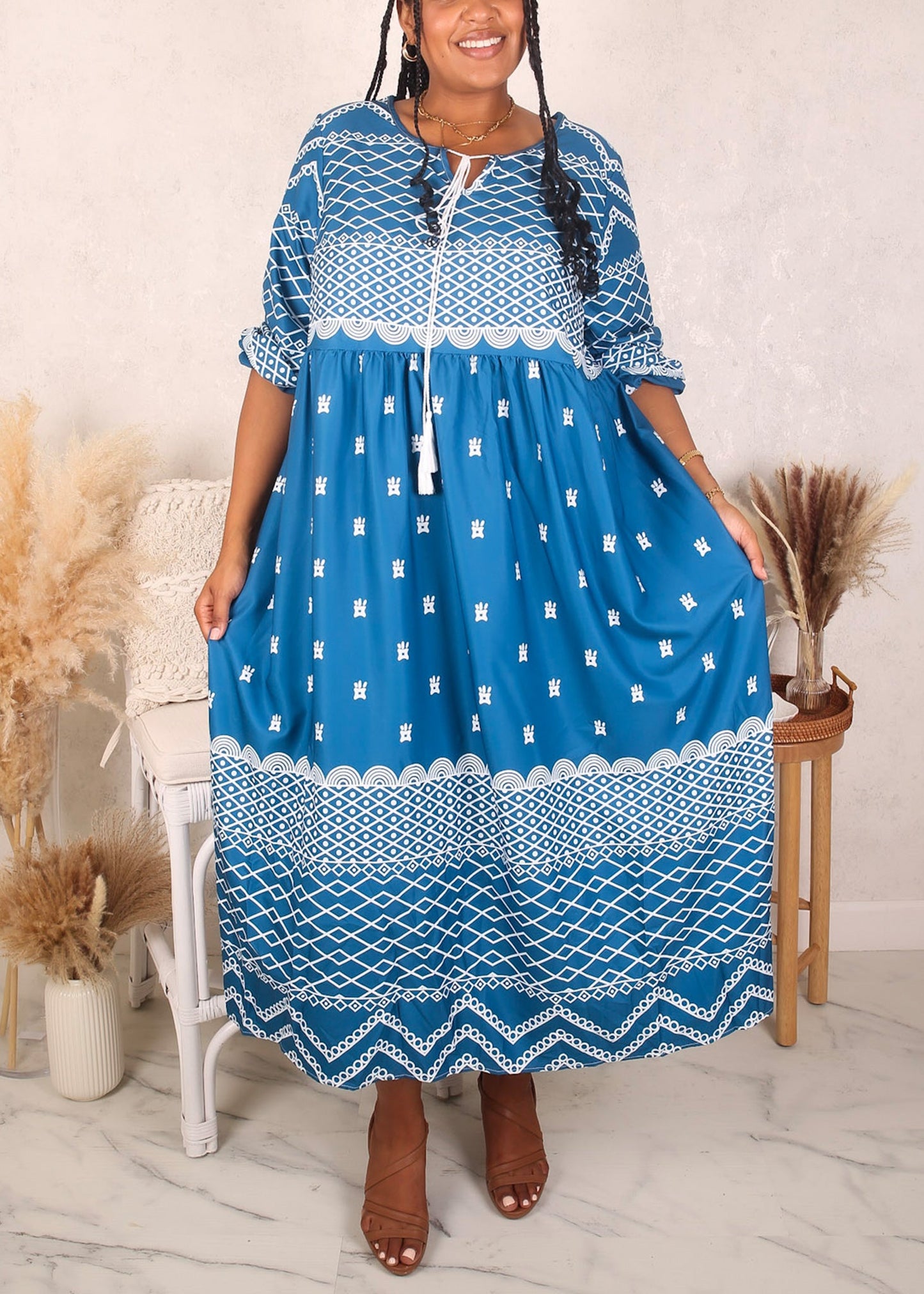 Plus Size Solid Color Printed Drawstring Neck Dress, Blue