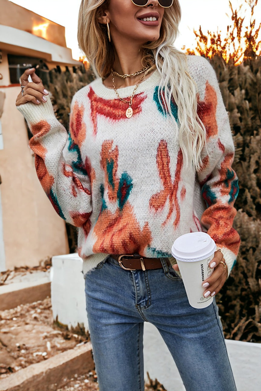 Abstract Flower Pattern Knit Sweater