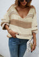 V Neck Color Block Textured Sweater