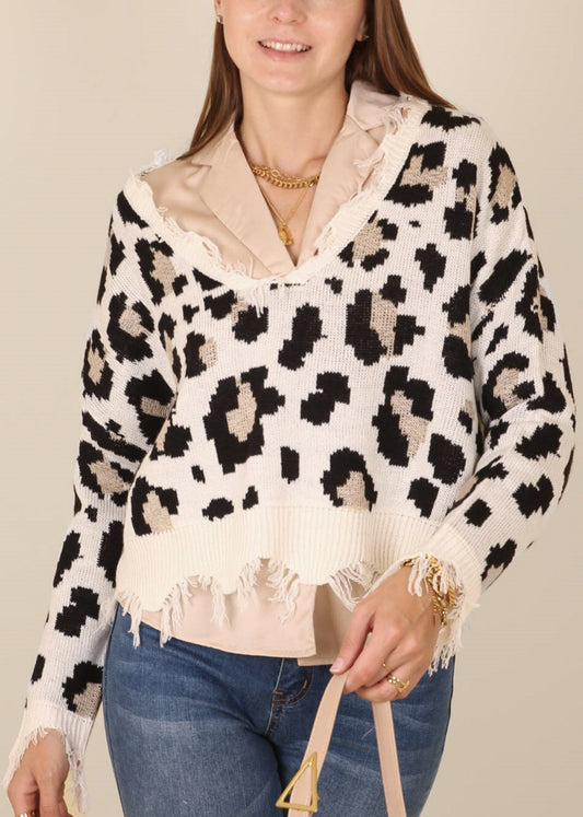 Tassel Frayed Hem Patterned Sweater