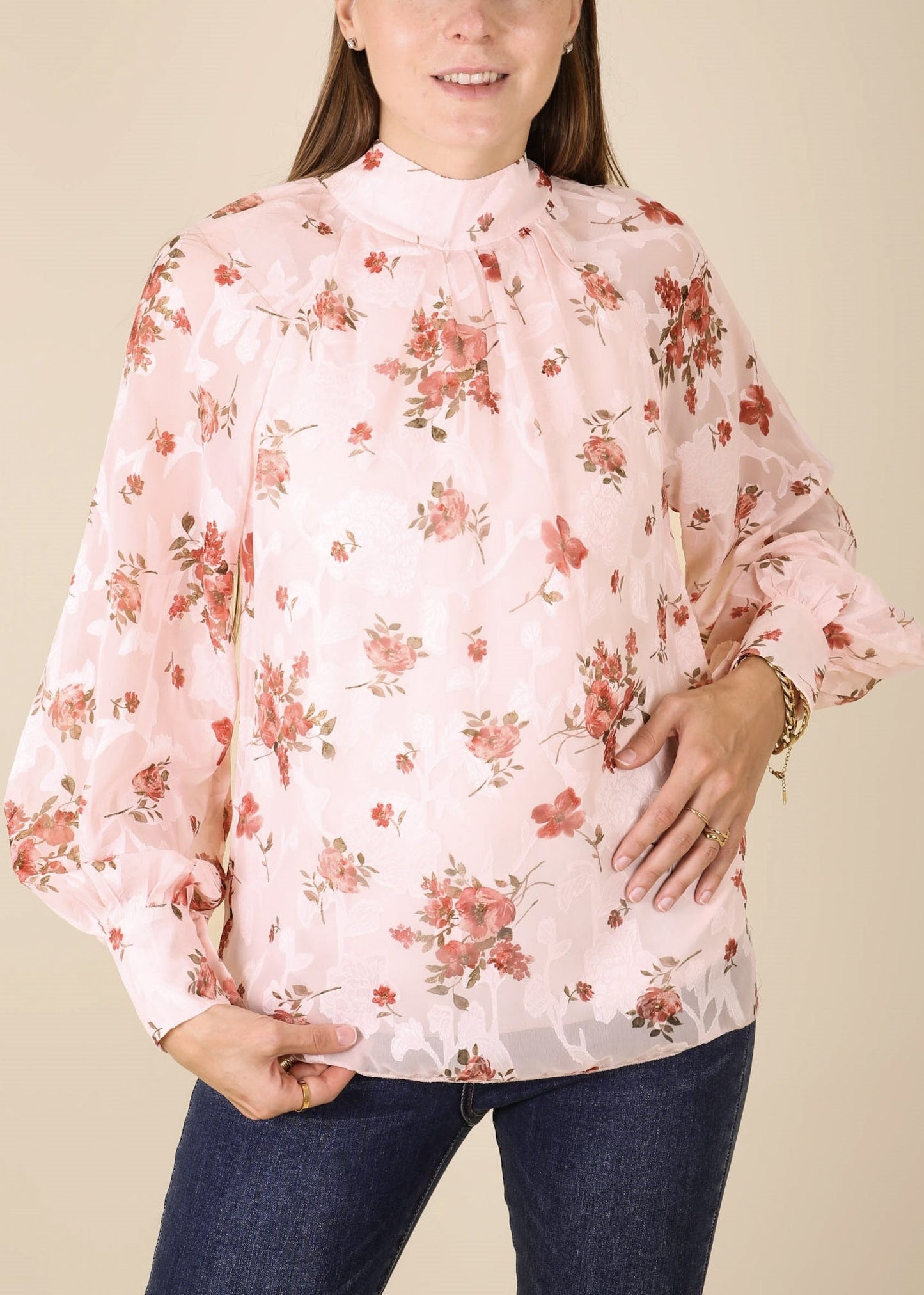 Multi-Floral Pattern Bishop Sleeve Blouse