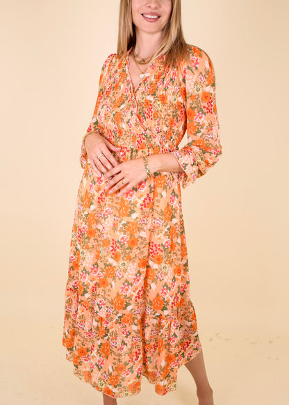 Shirred Surplice Neck Floral Dress