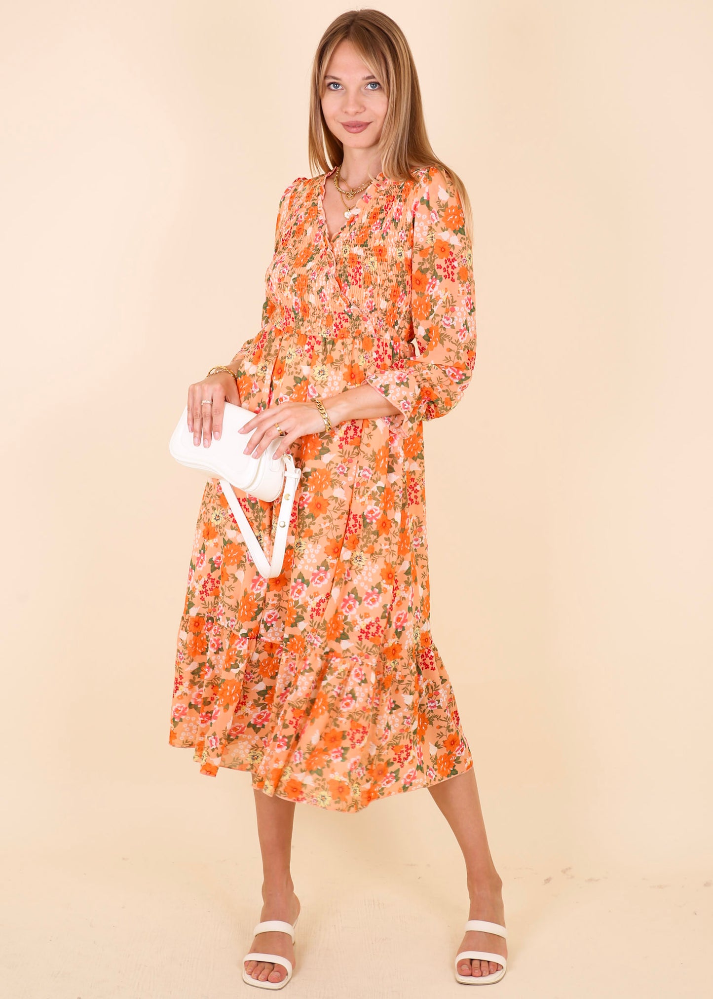 Shirred Surplice Neck Floral Dress