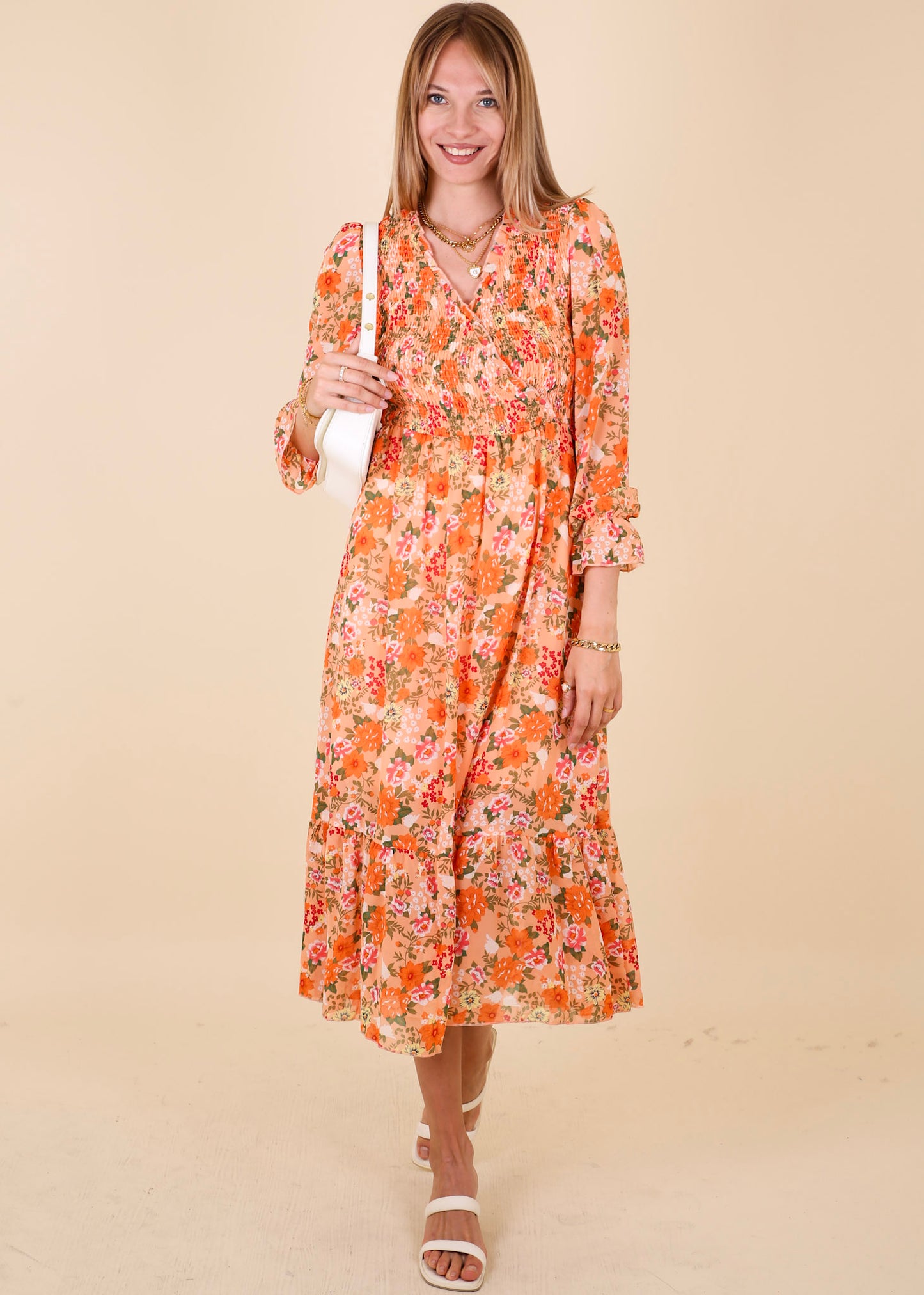 Shirred Surplice Neck Floral Dress