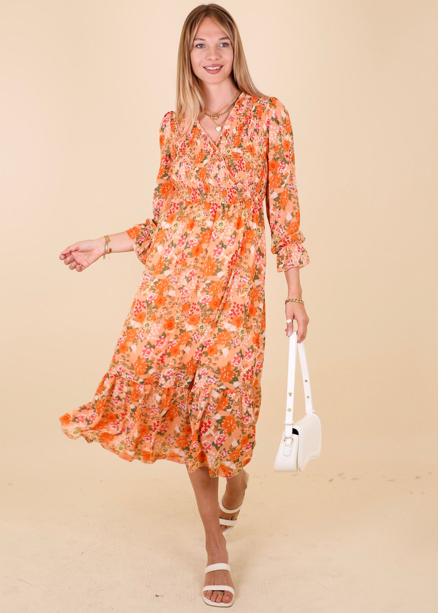 Shirred Surplice Neck Floral Dress