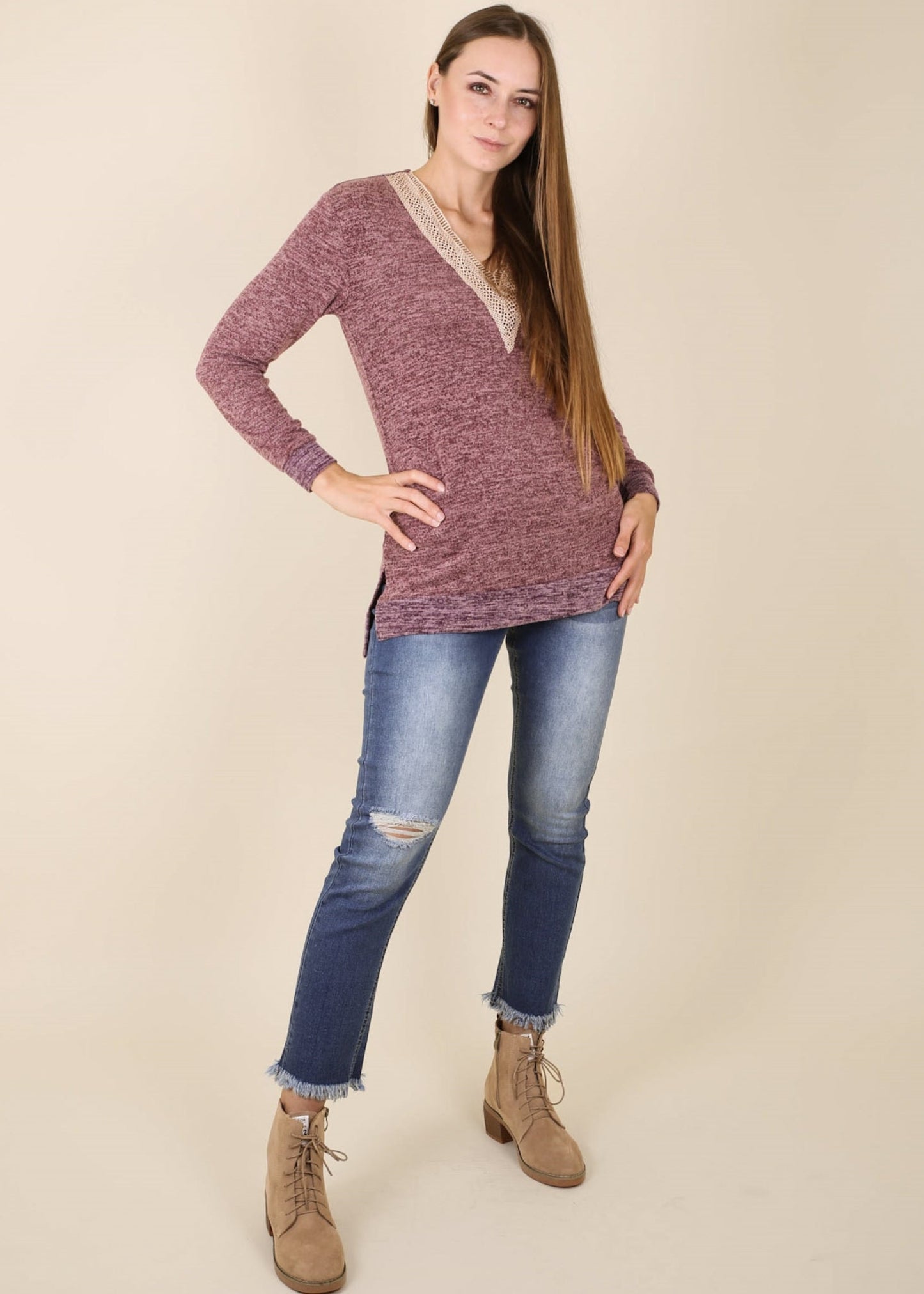 Two Tone Crochet V Neck Sweater