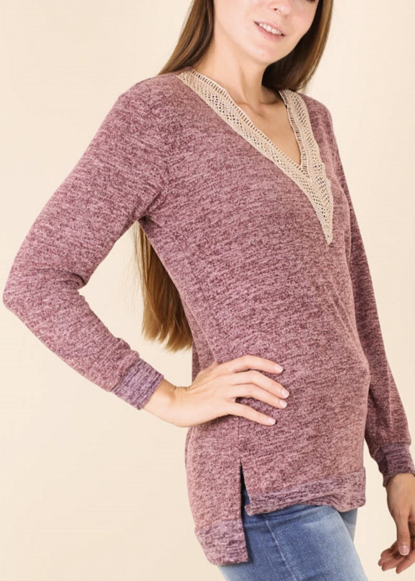 Two Tone Crochet V Neck Sweater