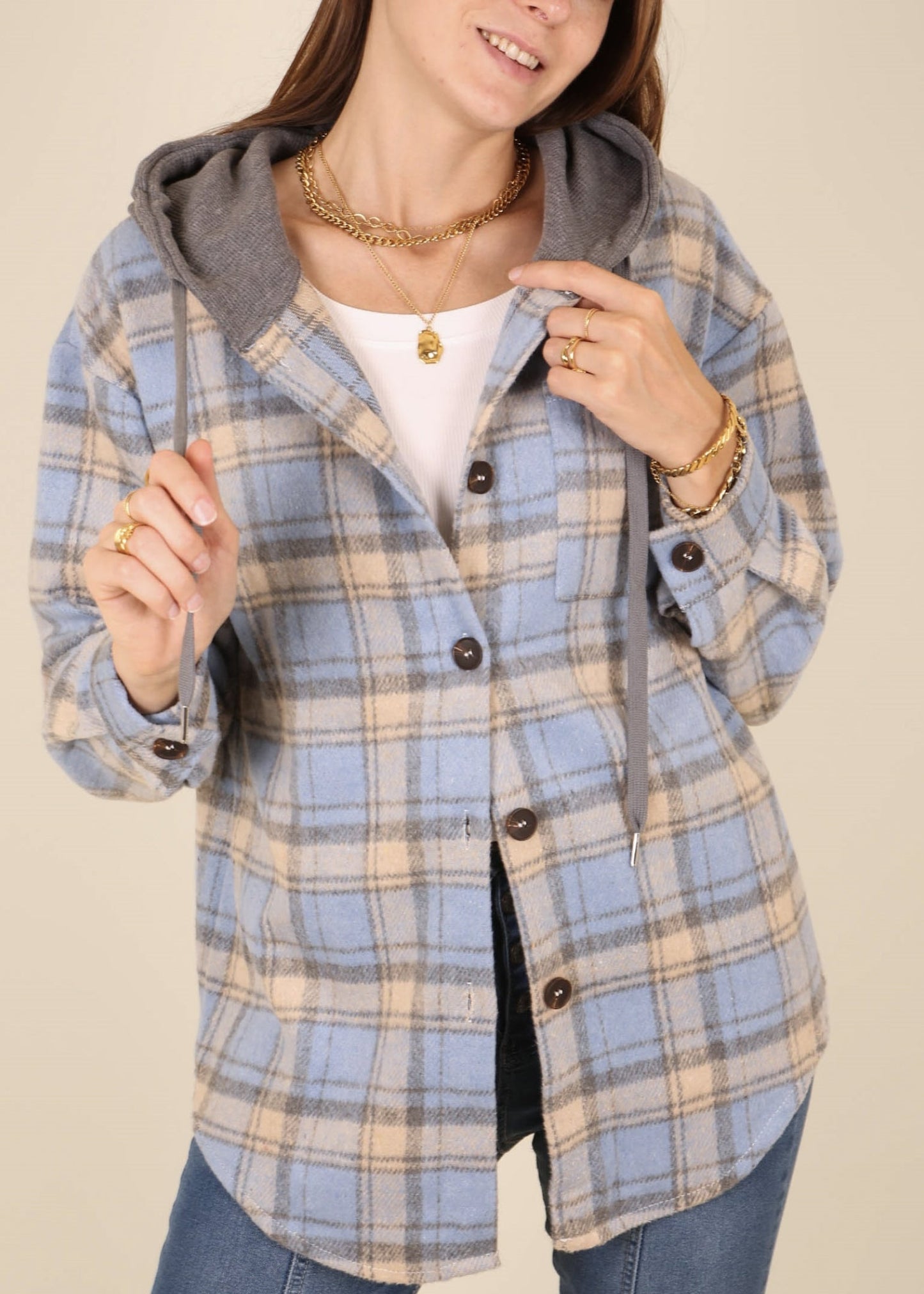 Contrast Hood Plaid Shacket