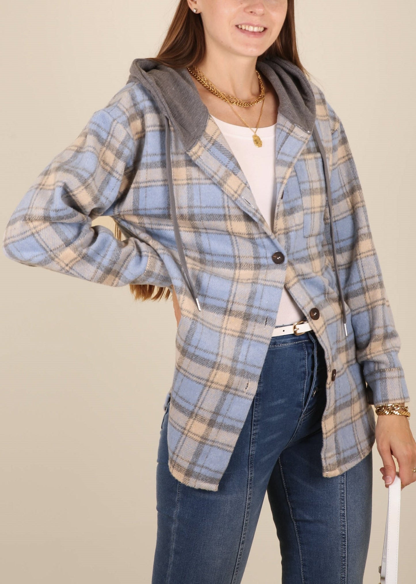 Contrast Hood Plaid Shacket