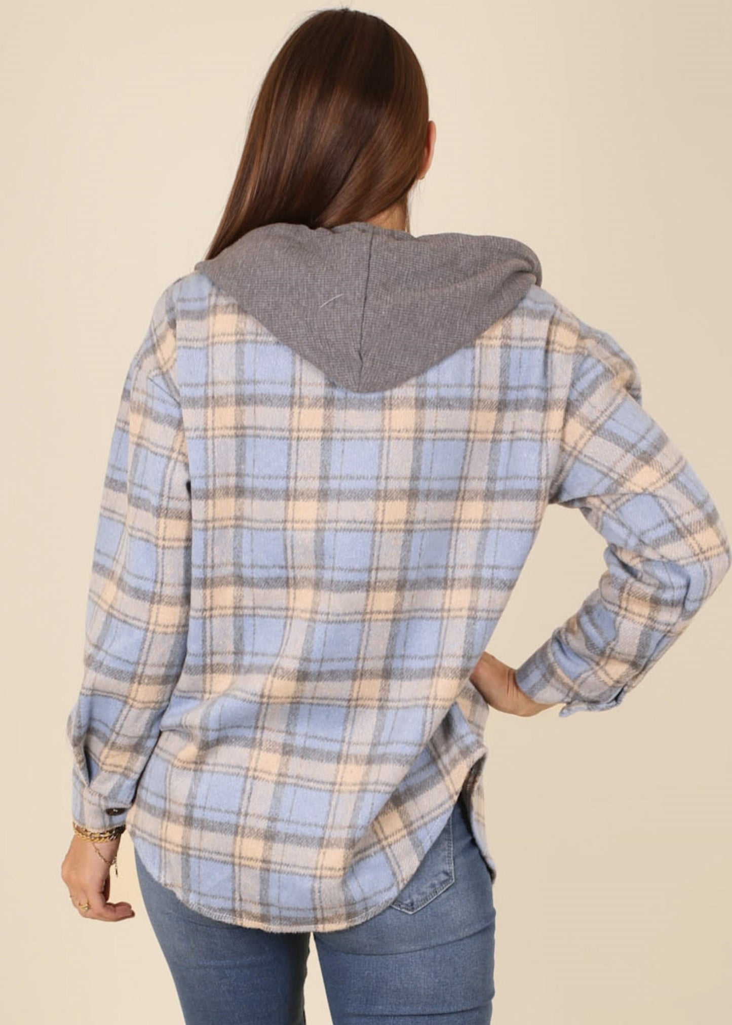 Contrast Hood Plaid Shacket