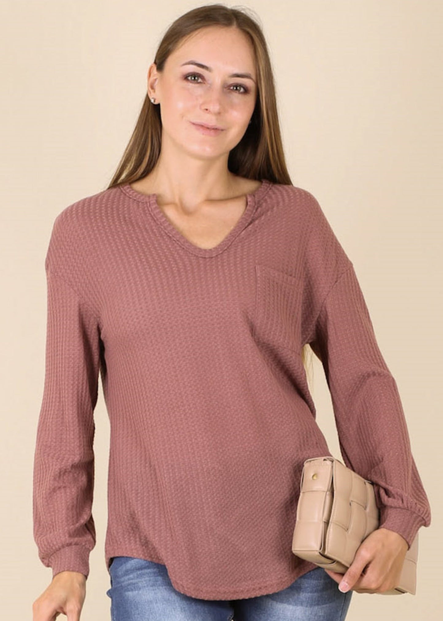 Solid Waffle Knit Patch Pocket Sweater