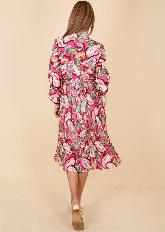 Leaf Print Button Shirt Dress