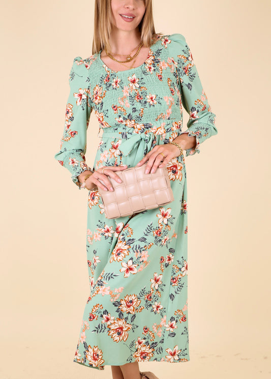 Scoop Neck Shirred Floral Dress