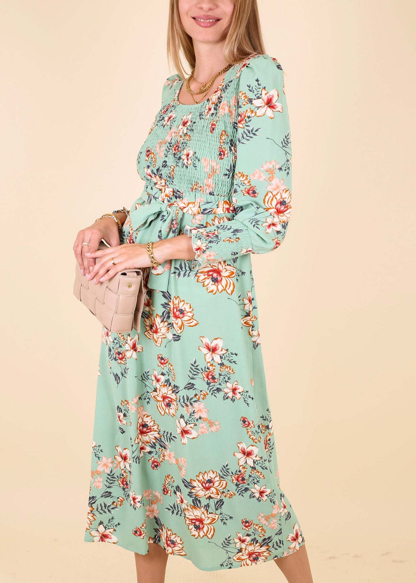 Scoop Neck Shirred Floral Dress