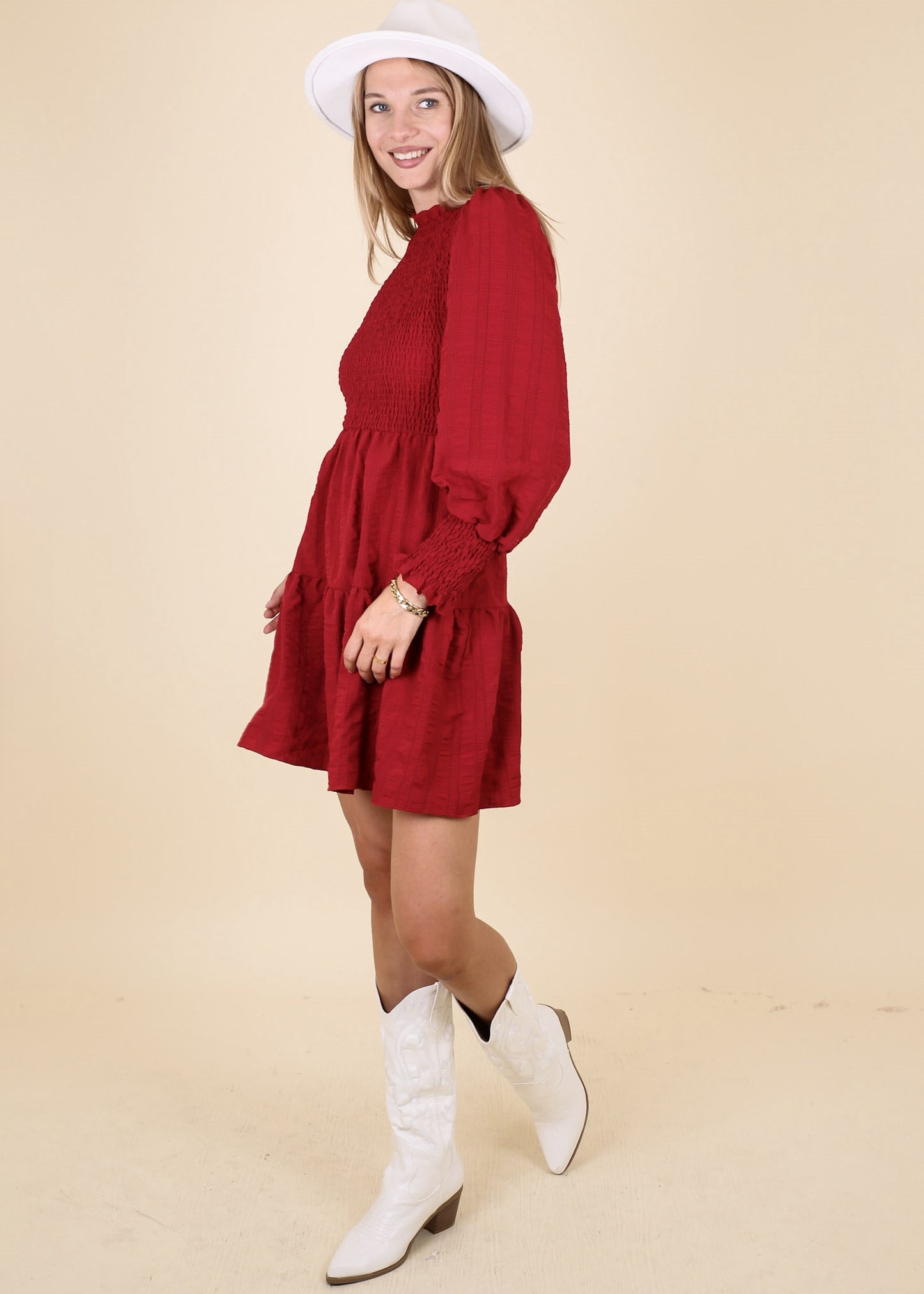 Jewel Neck Shirred Dress