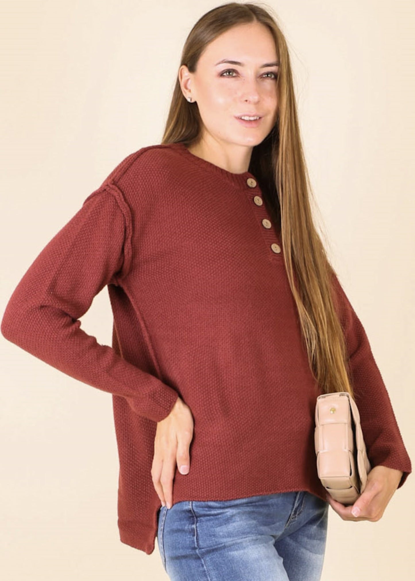 Soft Ribbed Knit Half Button Up Sweater