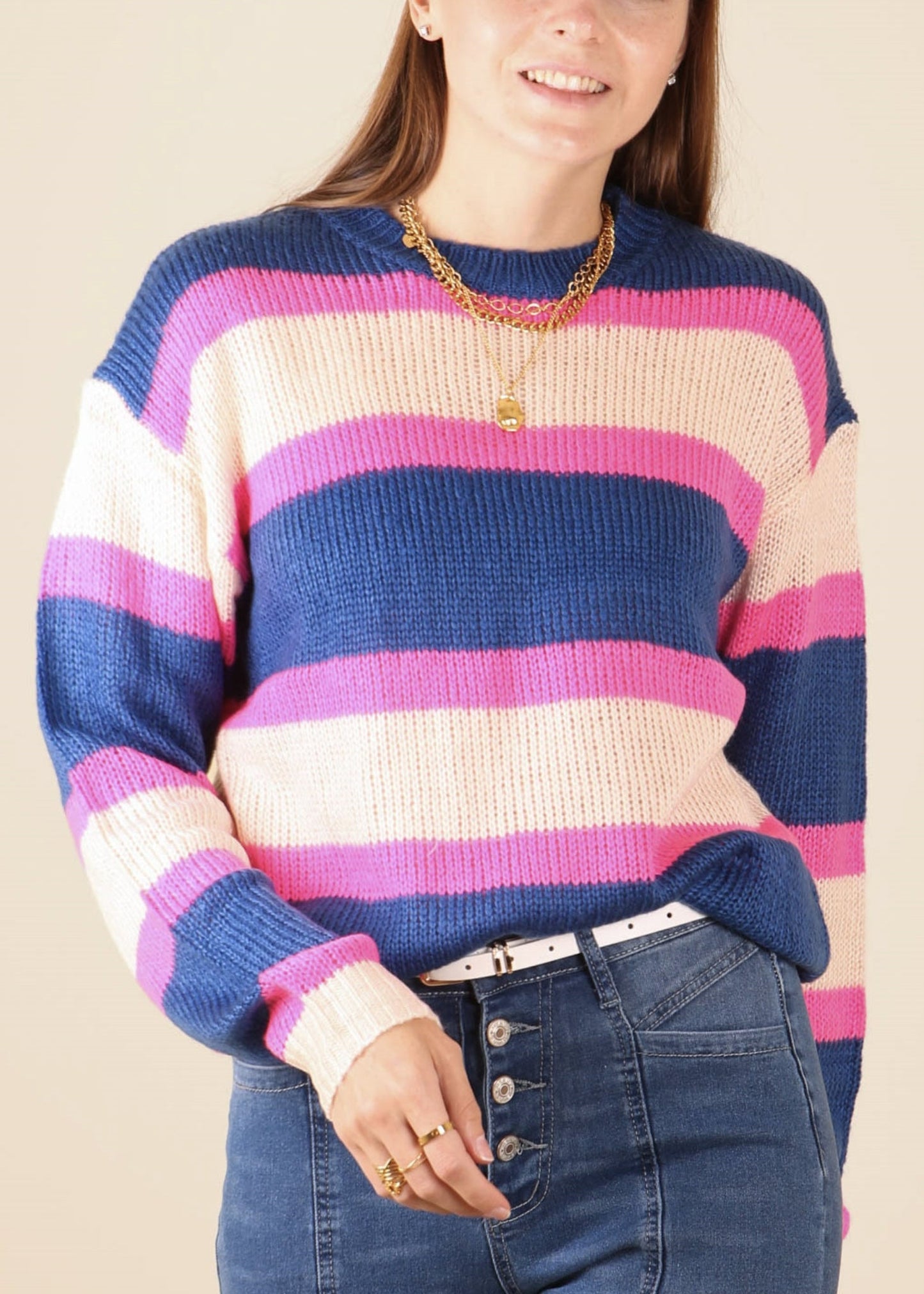 Striped Color Block Knitted Round Neck Sweater