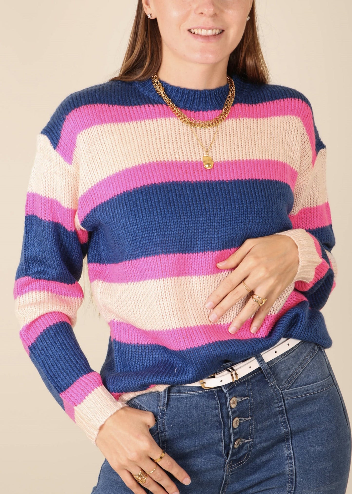 Striped Color Block Knitted Round Neck Sweater