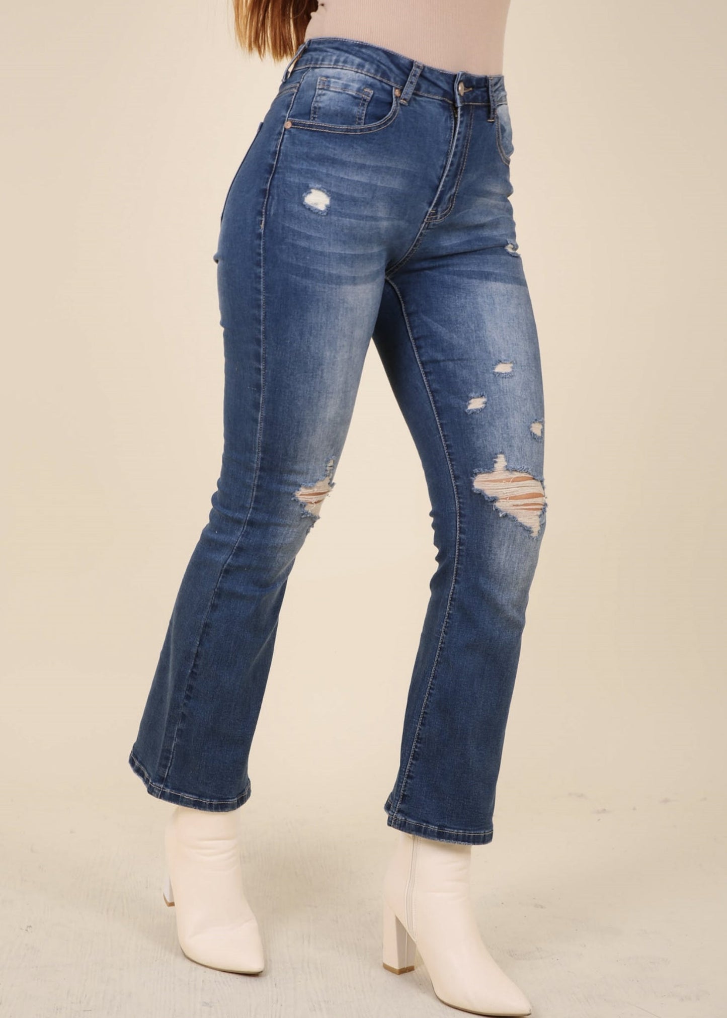 High Waist Distressed Flared Jeans