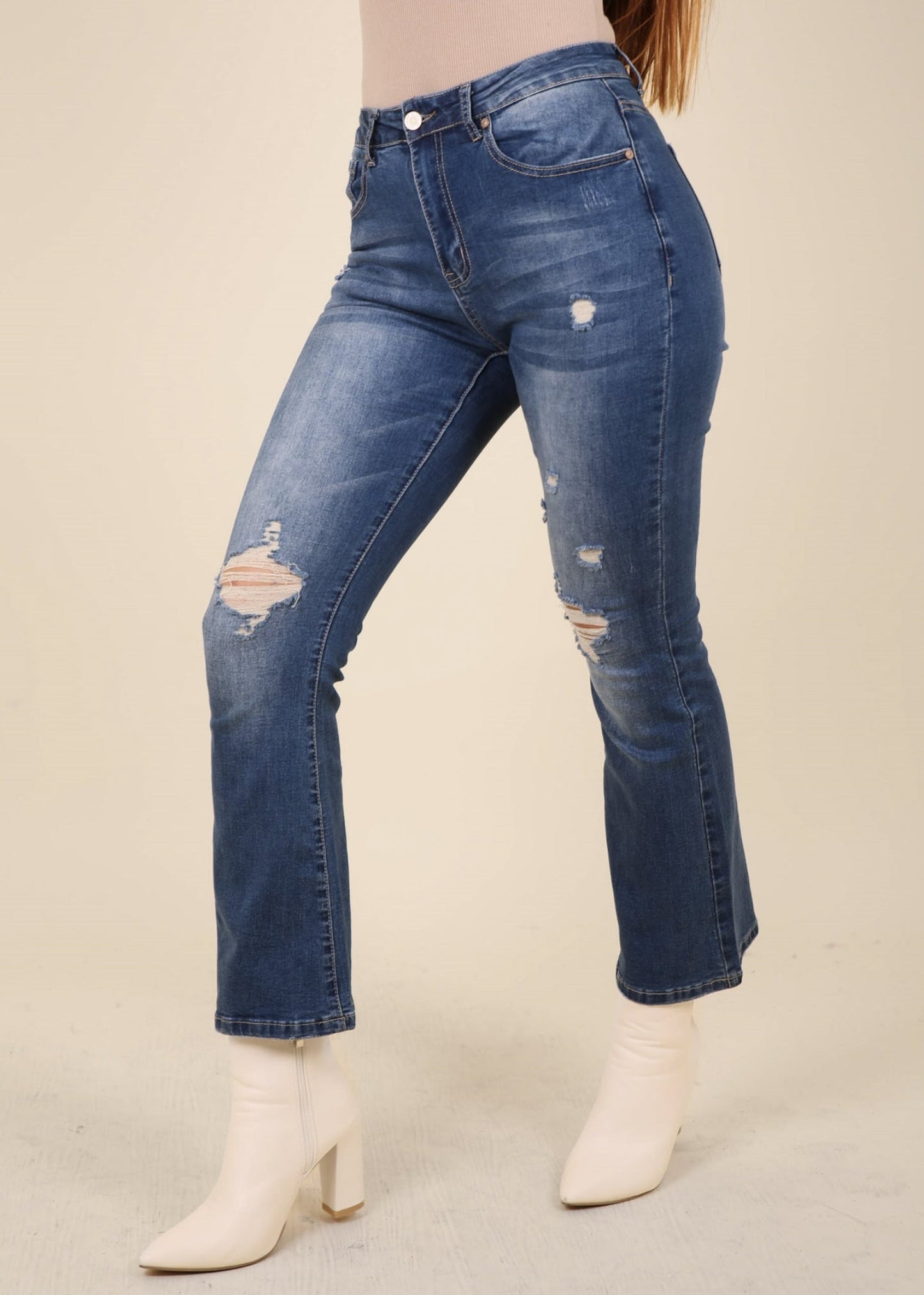 High Waist Distressed Flared Jeans