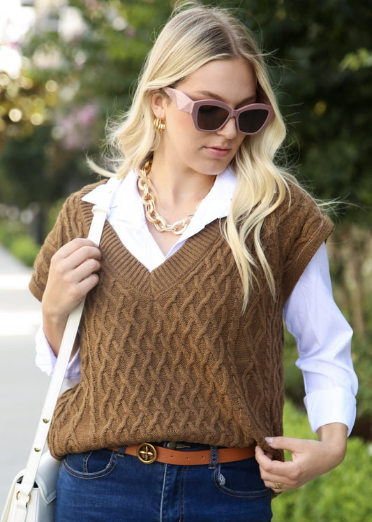 V Neck Cable Knit Oversized Sweatervest