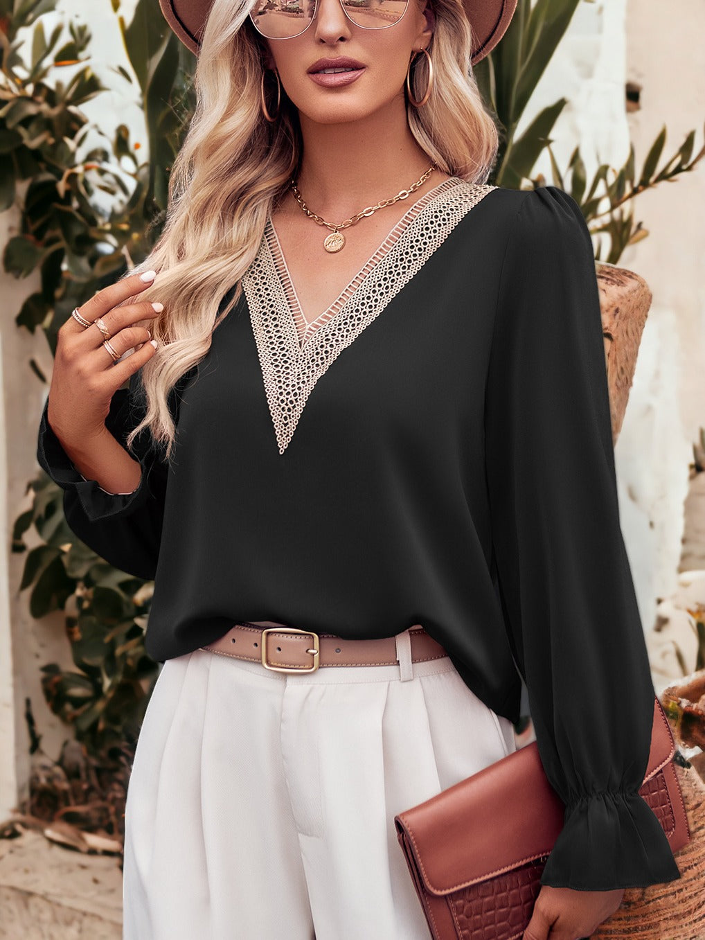 Lace Design V Neck Top