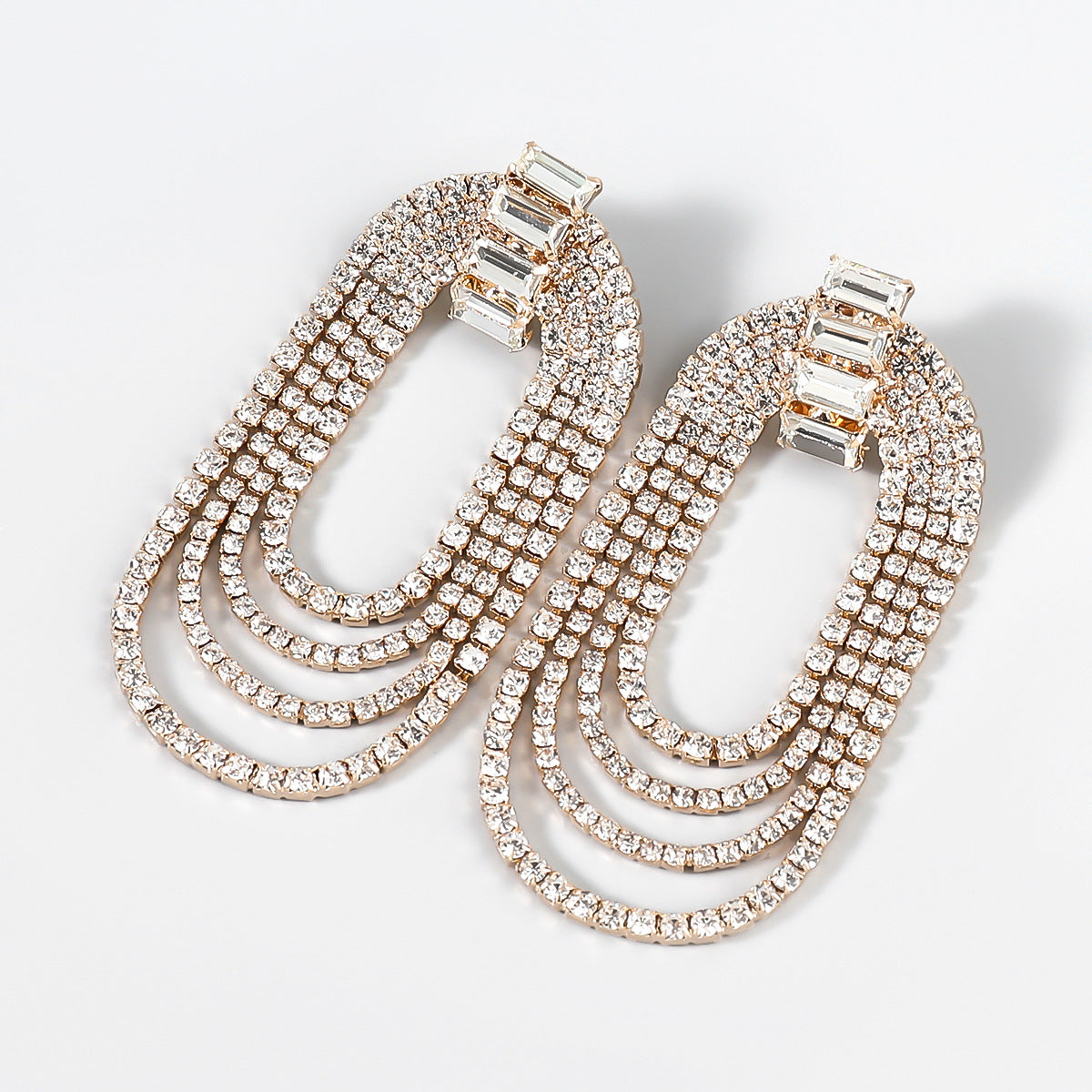 Fancy Crystal Embellished Oval Layered Dangle Earrings