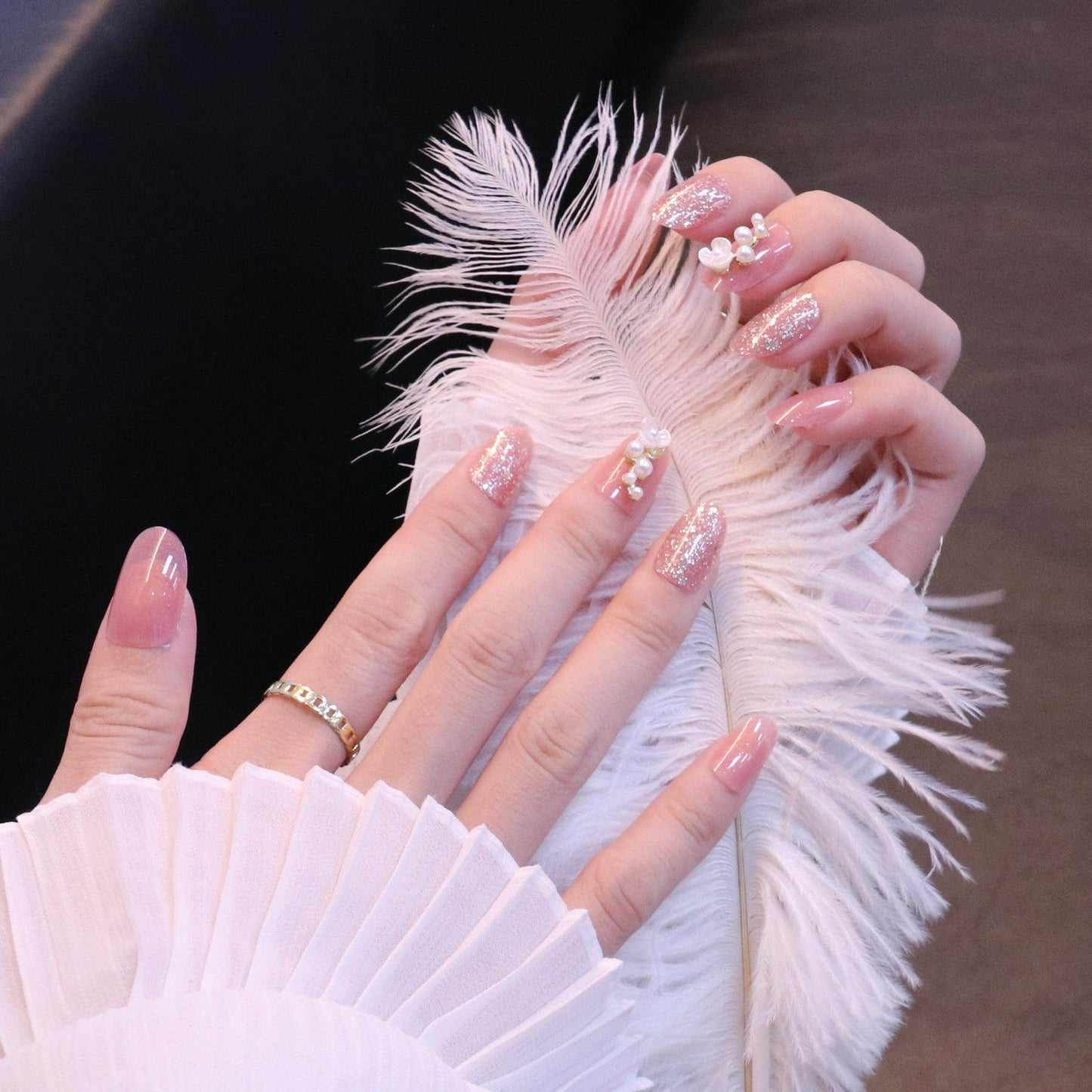 Medium Rounded Baby Pink Press On Nails with Flower and Pearl Charms