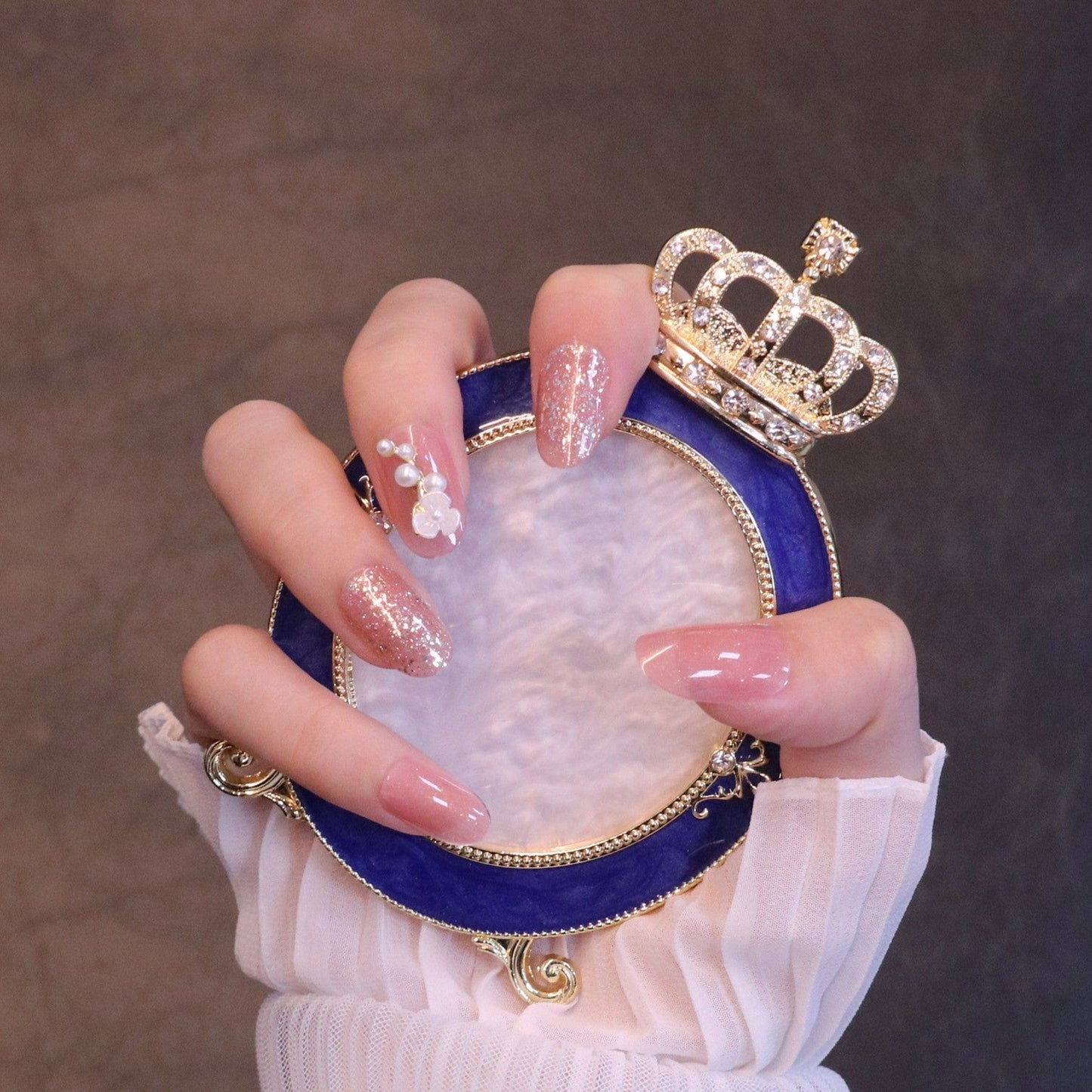 Medium Rounded Baby Pink Press On Nails with Flower and Pearl Charms