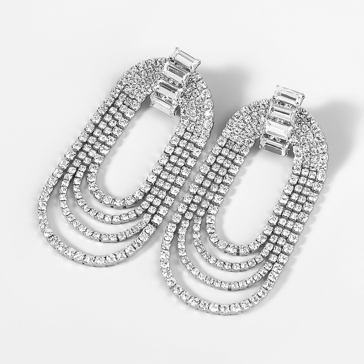 Fancy Crystal Embellished Oval Layered Dangle Earrings