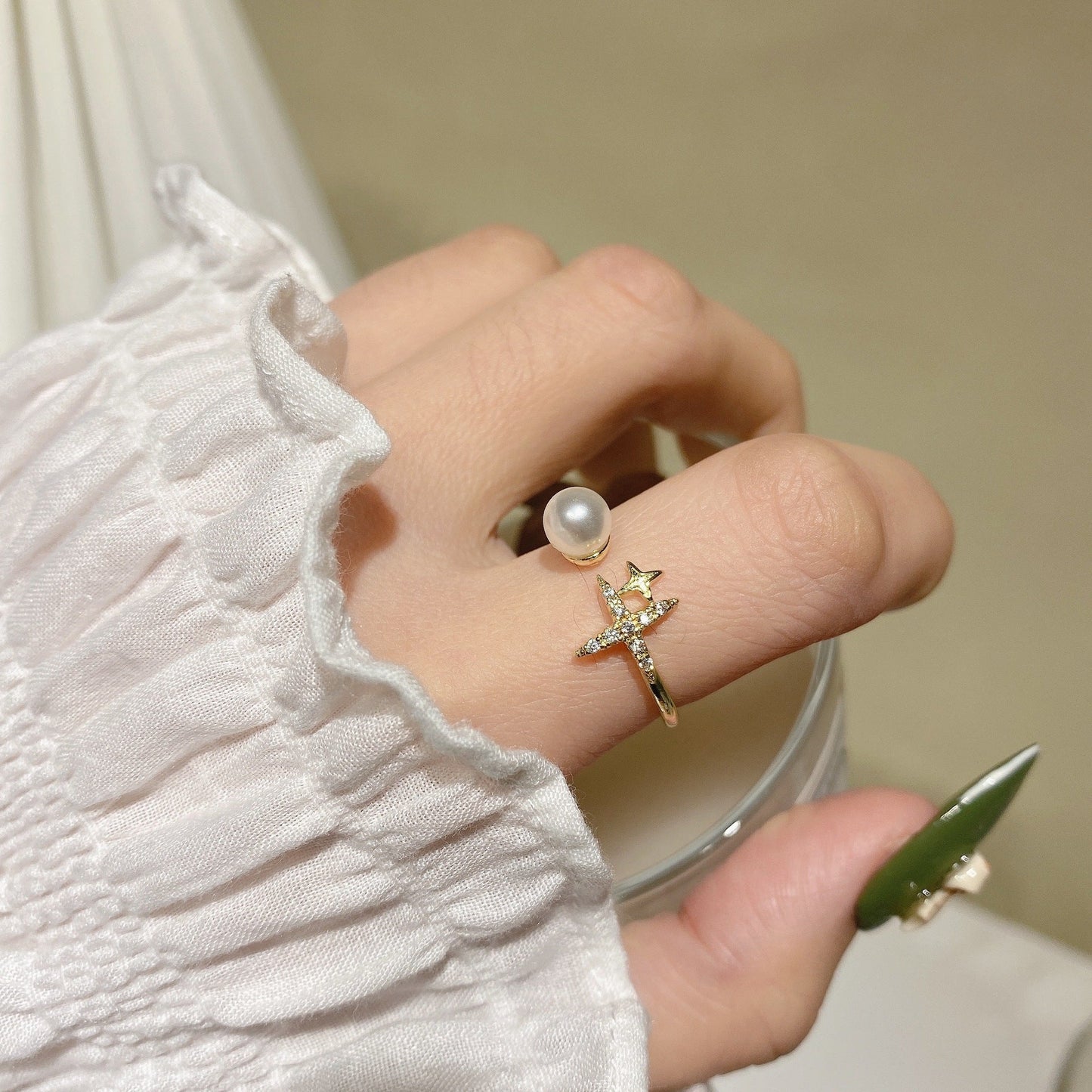 Stars and Pearls Open Gold Ring