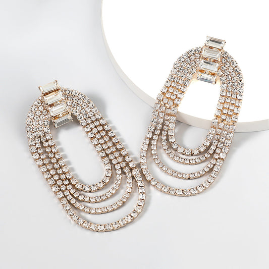 Fancy Crystal Embellished Oval Layered Dangle Earrings