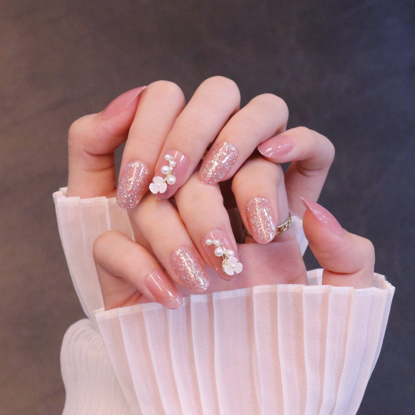 Medium Rounded Baby Pink Press On Nails with Flower and Pearl Charms