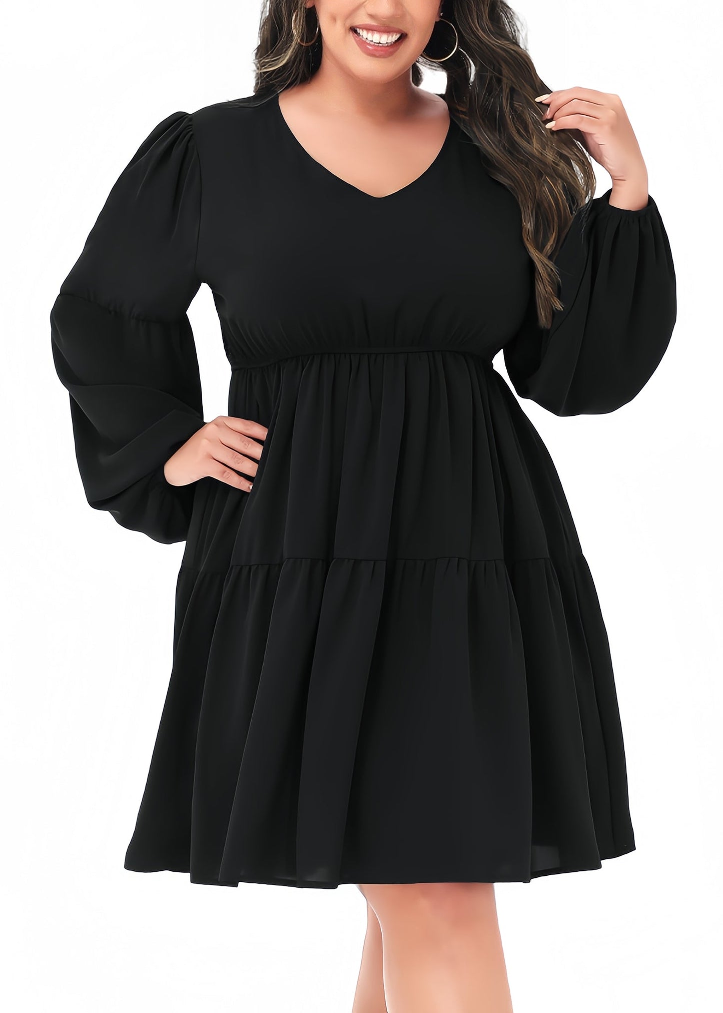 Anna-Kaci Women's Plus Size Tunic Dress V Neck Long Sleeve Smocked Casual Loose Flowy Swing Shift Dresses