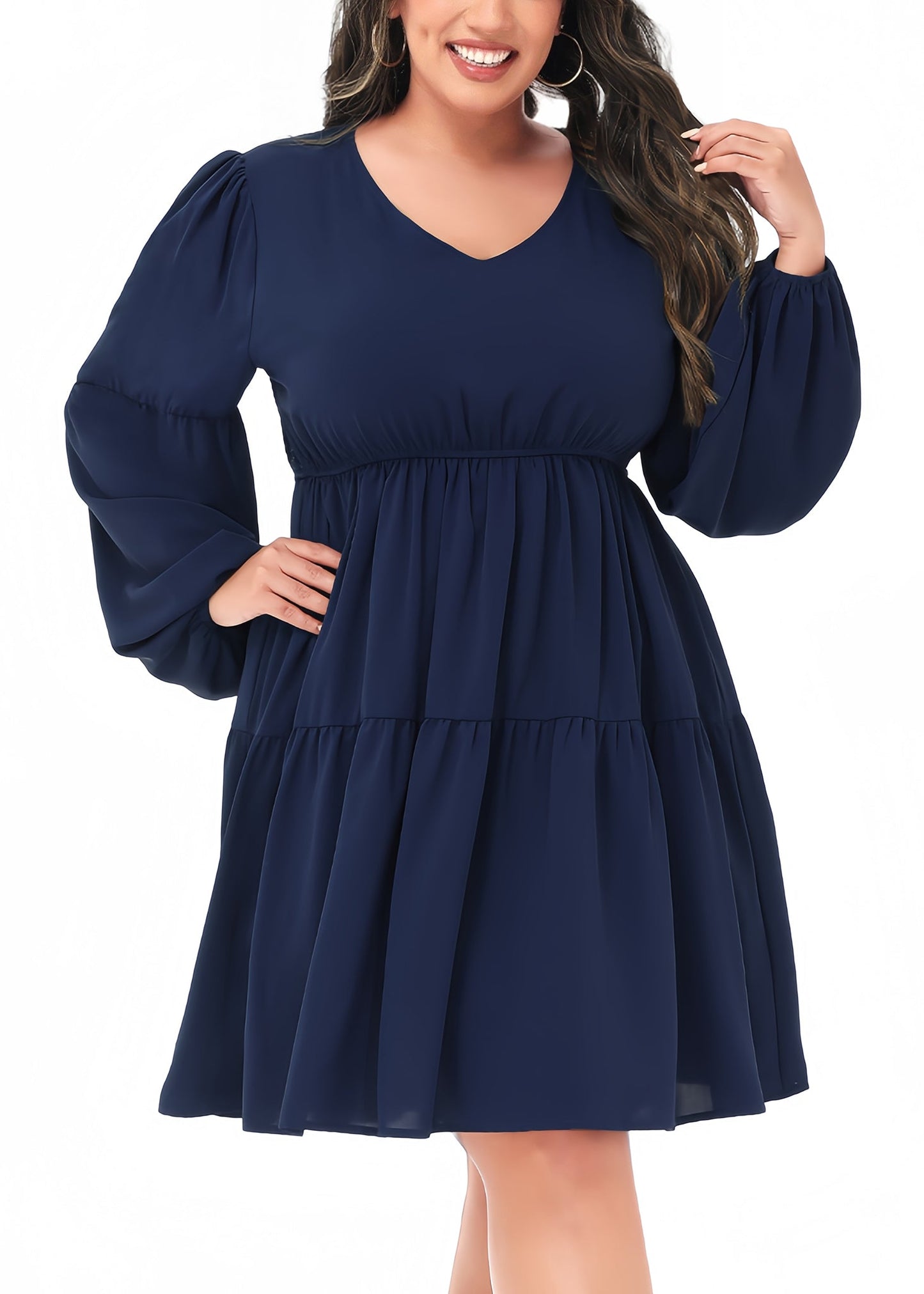 Anna-Kaci Women's Plus Size Tunic Dress V Neck Long Sleeve Smocked Casual Loose Flowy Swing Shift Dresses