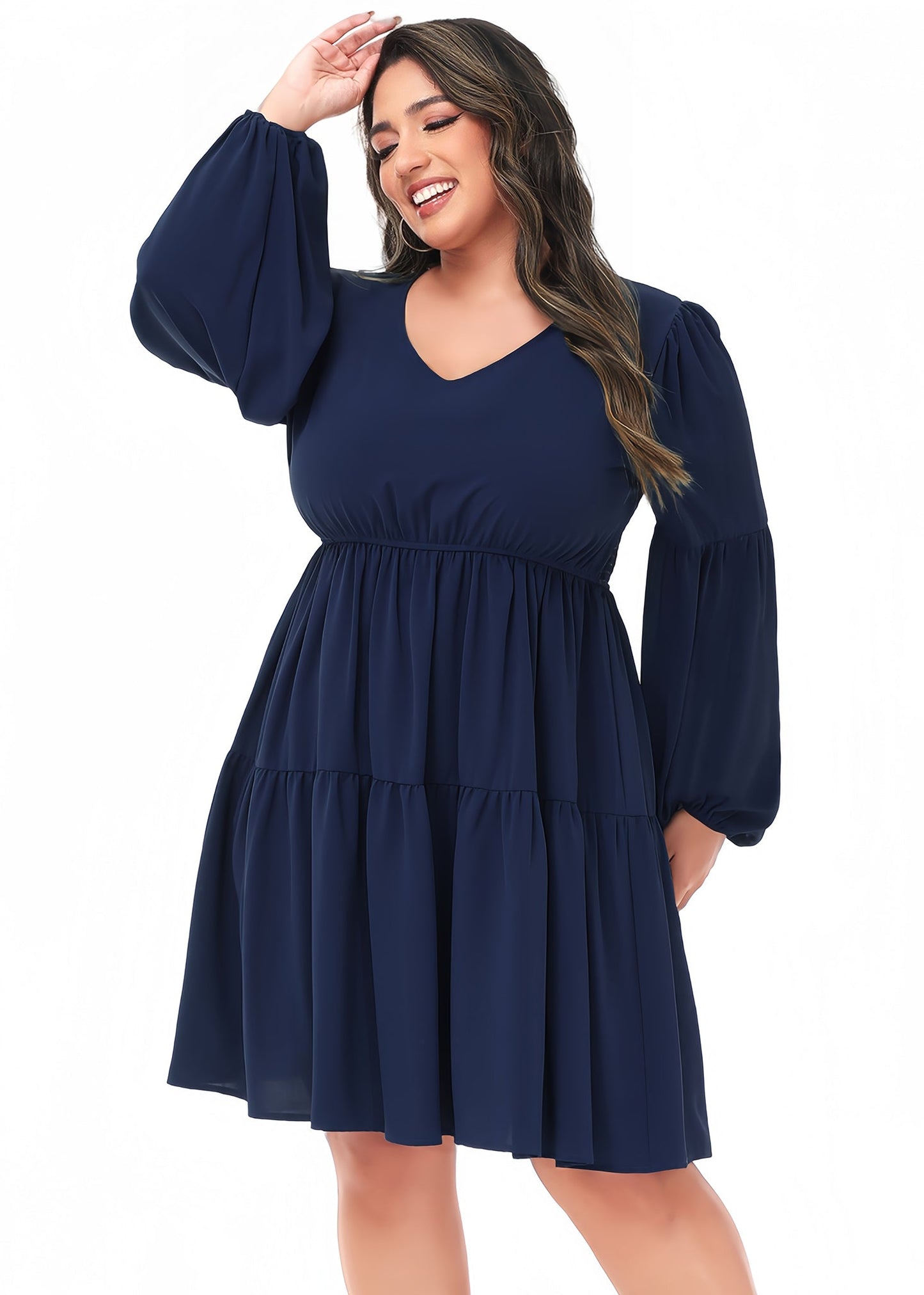 Anna-Kaci Women's Plus Size Tunic Dress V Neck Long Sleeve Smocked Casual Loose Flowy Swing Shift Dresses