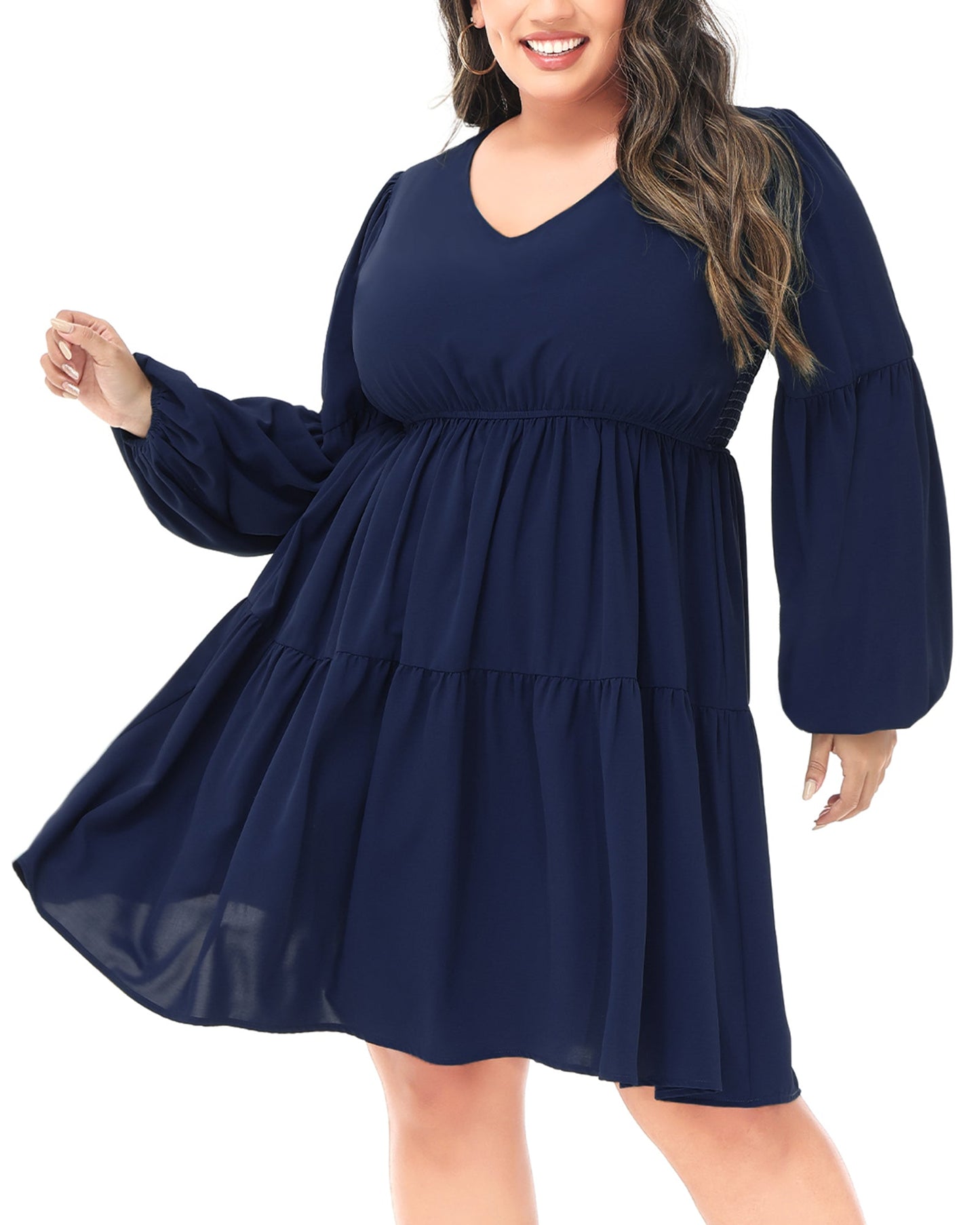 Anna-Kaci Women's Plus Size Tunic Dress V Neck Long Sleeve Smocked Casual Loose Flowy Swing Shift Dresses