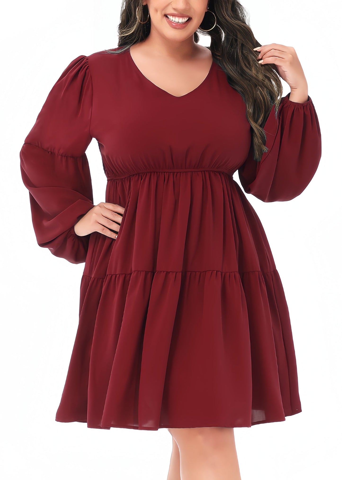 Anna-Kaci Women's Plus Size Tunic Dress V Neck Long Sleeve Smocked Casual Loose Flowy Swing Shift Dresses