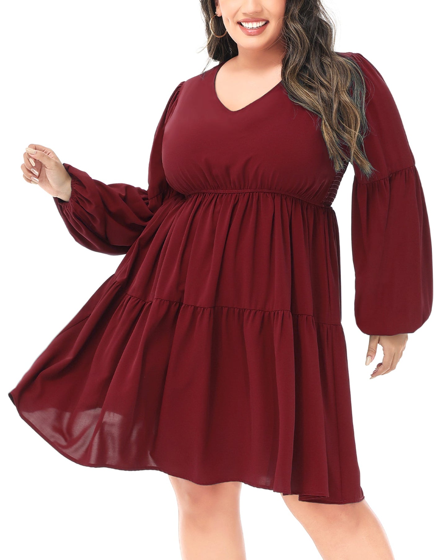 Anna-Kaci Women's Plus Size Tunic Dress V Neck Long Sleeve Smocked Casual Loose Flowy Swing Shift Dresses